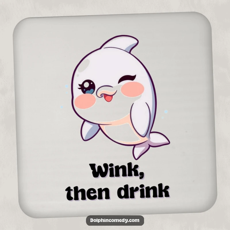 Funny Dolphin Coaster with rosy cheeks, playfully winking, perfect for adding humor to drink coasters.