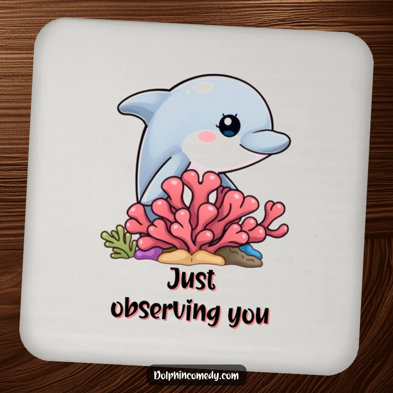 Funny set of coasters featuring a curious dolphin peeking from behind coral, protecting furniture.