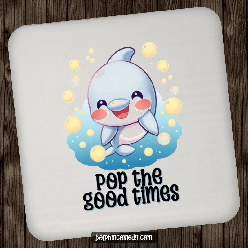 Funny Drink Coasters: A smiling dolphin surrounded by glowing bubbles. Humorous ocean-themed coasters for table protection.