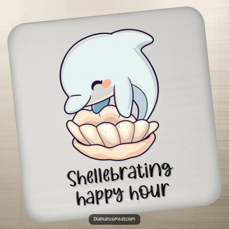 Funny Dolphin Coasters: Dolphin nudging a seashell, protecting surfaces with marine-themed humor, a funny gift set.