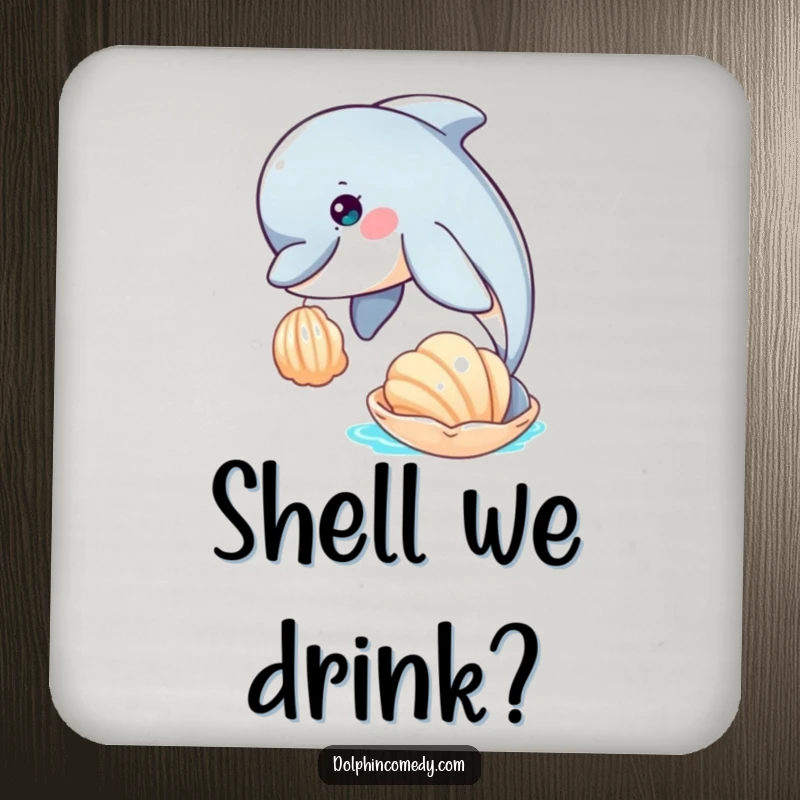 Funny set of drink coasters featuring a curious dolphin nudging a seashell, blending protection with ocean-themed humor.