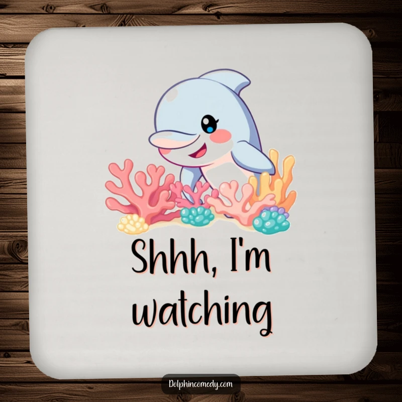 Funny dolphin with a curious smile peeking from behind a vibrant coral reef, a set of humorous coasters for surface protection.