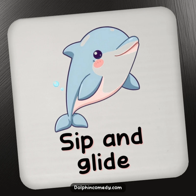 Funny Dolphin Coaster depicting a content dolphin gliding through water, protecting surfaces with humorous elegance and serene underwater beauty.