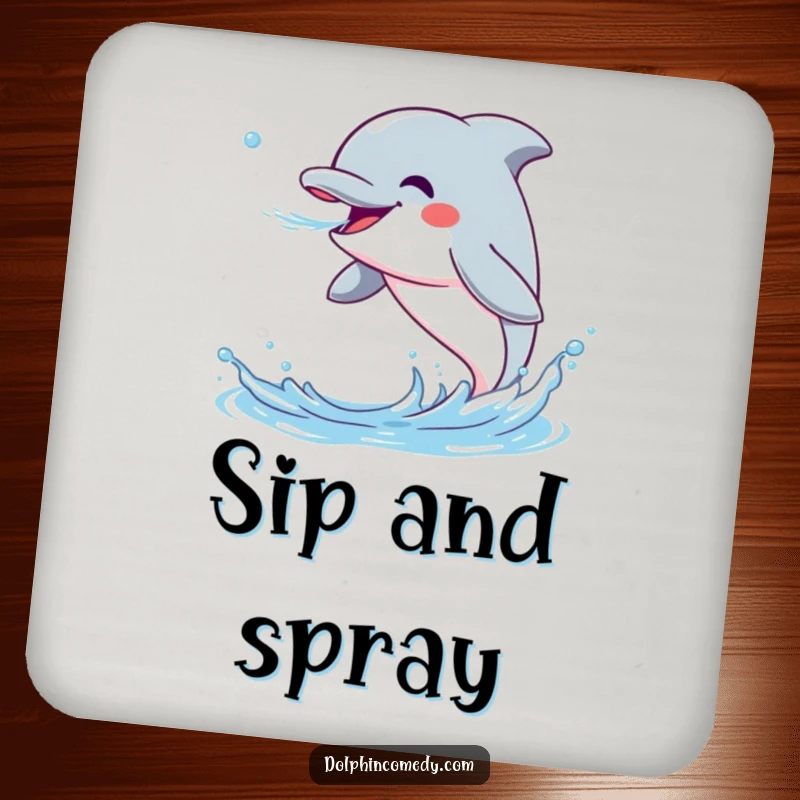 Funny Dolphin Drink Coaster showing an excited dolphin spraying water, a humorous and functional accessory for tables.