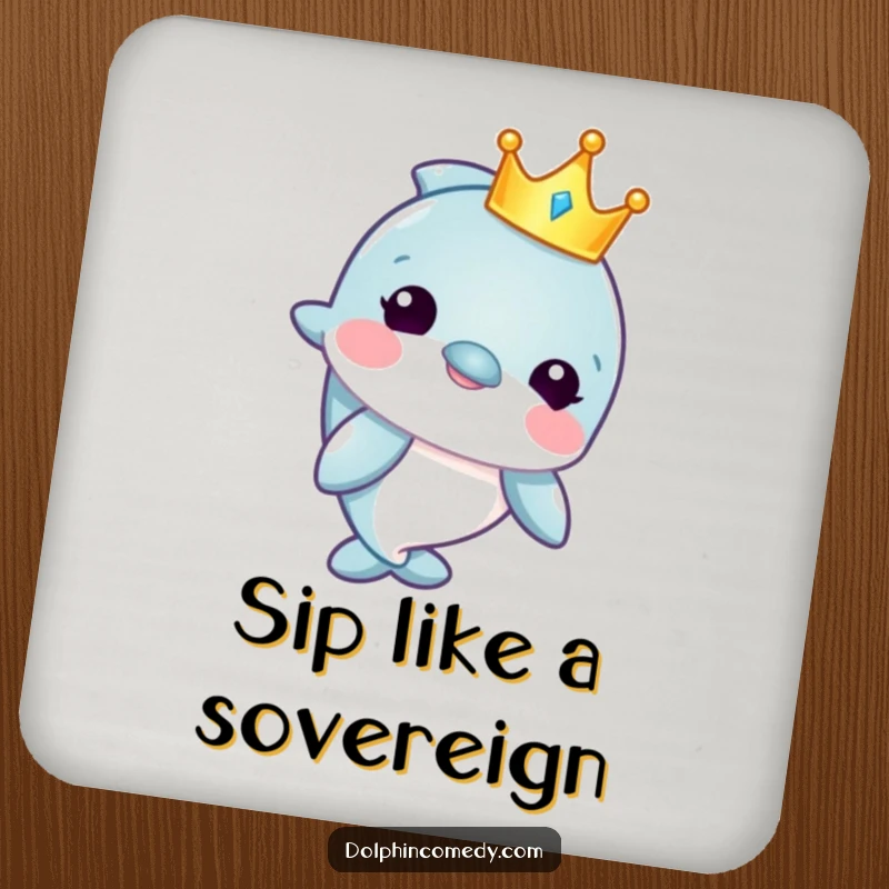 Funny drink coaster showcasing a dolphin character wearing a crown, adding a humorous and regal touch to any table setting.