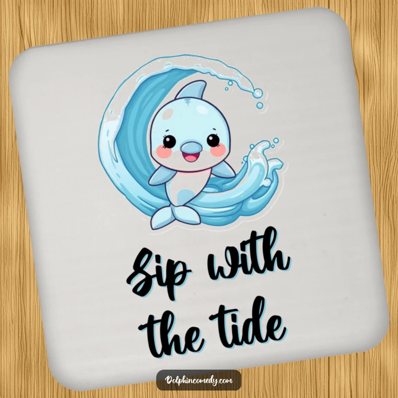 Funny Dolphin Coaster showing a cheerful dolphin playing with a playful wave, adding ocean fun to any surface.