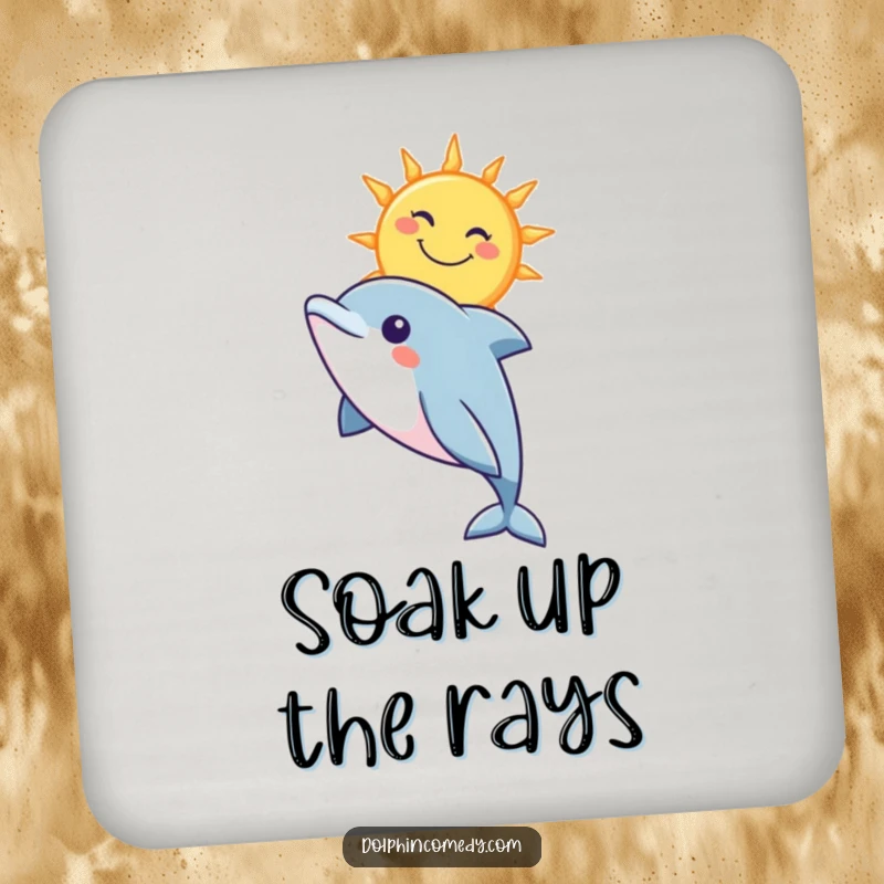 Funny drink coasters featuring a curious dolphin looking up at a stylized, smiling sun, adding coastal flair.