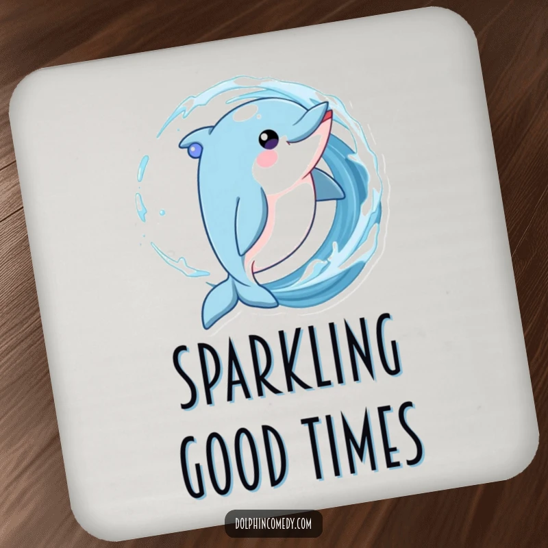 Funny Dolphin Coaster depicting a playful dolphin twirling in a wave with sparkling eyes, bringing ocean vibes.