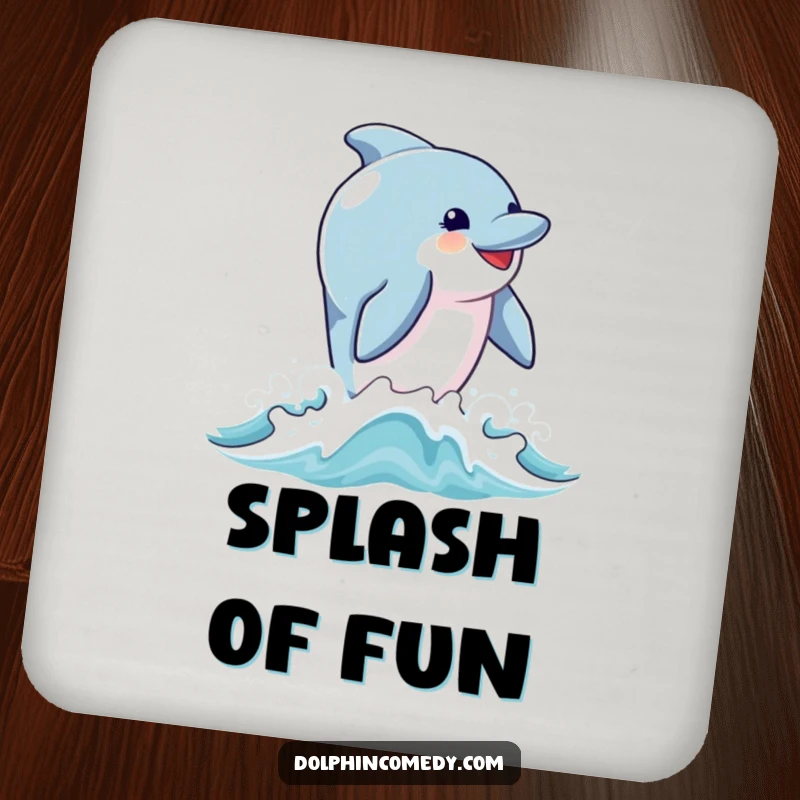 Funny drink coasters featuring a dolphin with a joyful expression leaping from ocean waves, adding a cheerful touch to tables.