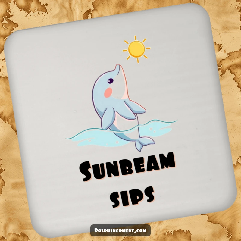 Funny dolphin drink coaster with a curious dolphin looking up at a sunbeam, adding serene marine decor to surfaces.