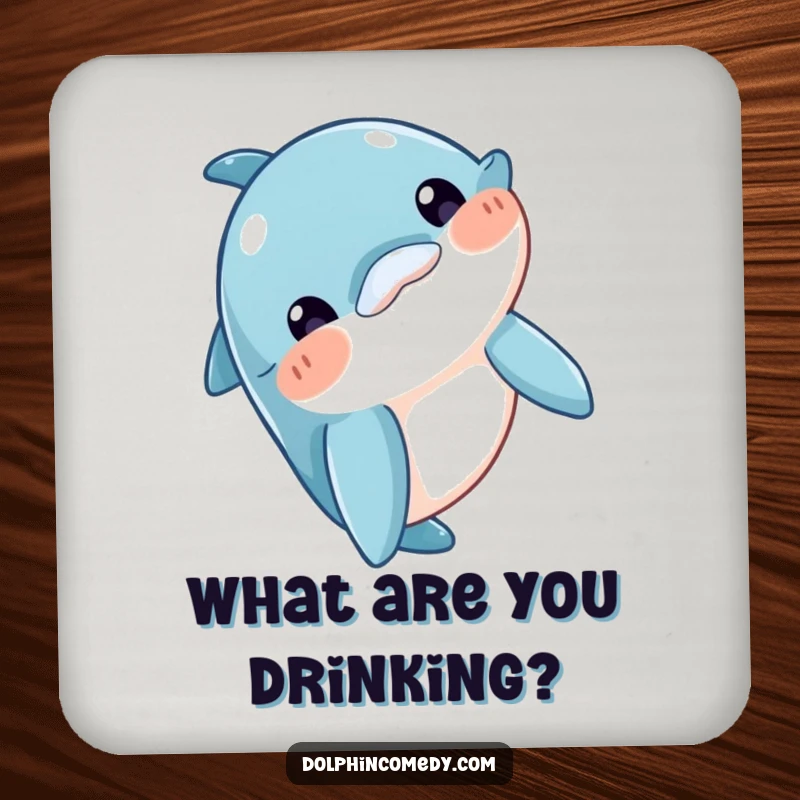Funny Drink Coaster with a curious dolphin character bobbing its head, protecting surfaces with style, a charming funny gift.