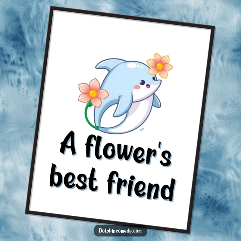 Dolphin Flower Poster print of a dolphin swimming gracefully with a flower, a beautiful and calming piece of art.