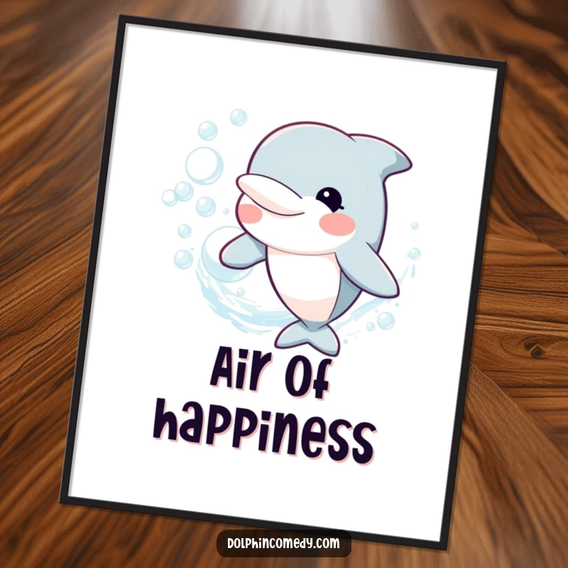 Funny Poster print of a happy dolphin blowing a ring of bubbles, adding a whimsical and cheerful element to decor, a great funny gift.