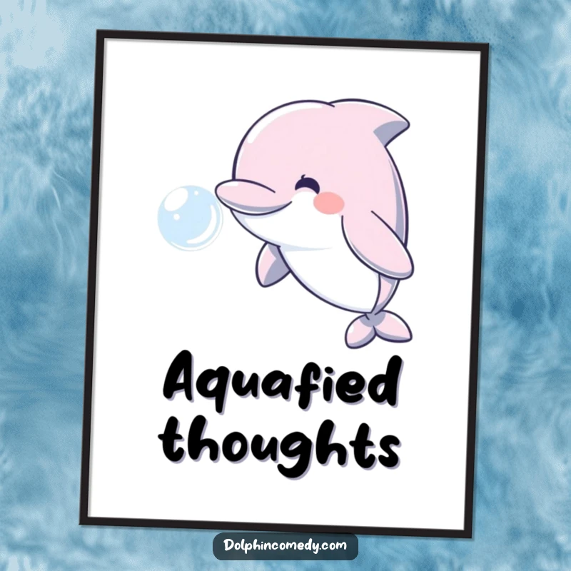 Funny vibrant poster of a smiling dolphin joyfully blowing a large, iridescent water bubble, inspiring art.