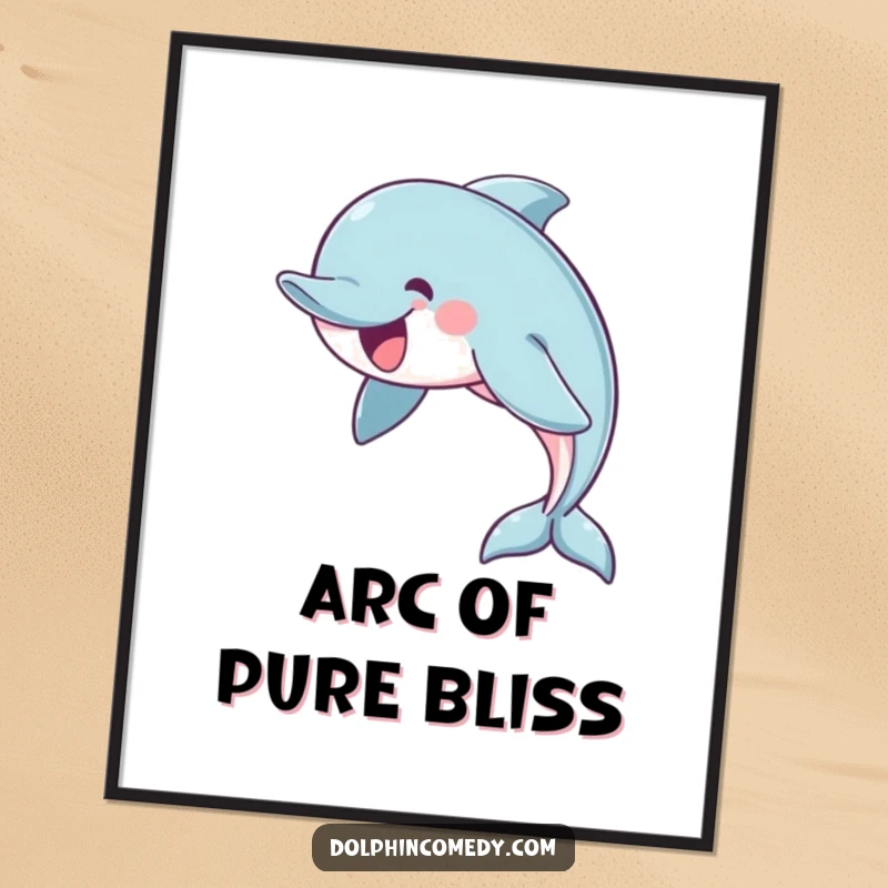 Funny poster print of a cheerful dolphin swimming in a graceful arc, bringing calm and elegance to wall decor.