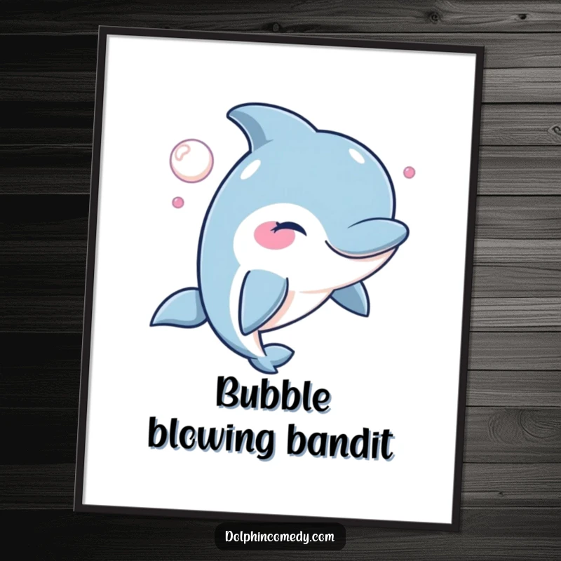 Funny Winking Dolphin Poster print of a dolphin winking and blowing a bubble, a whimsical and humorous wall art.