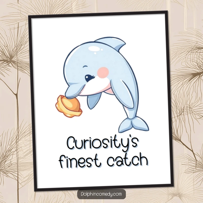 Funny Dolphin Poster depicting a curious dolphin tilting its head to examine a shiny seashell, bringing ocean wonder.