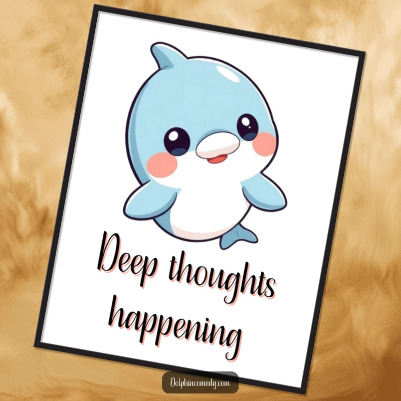 Funny curious dolphin poster, head bobbing engagingly, whimsical ocean art, perfect for adding humor to walls.