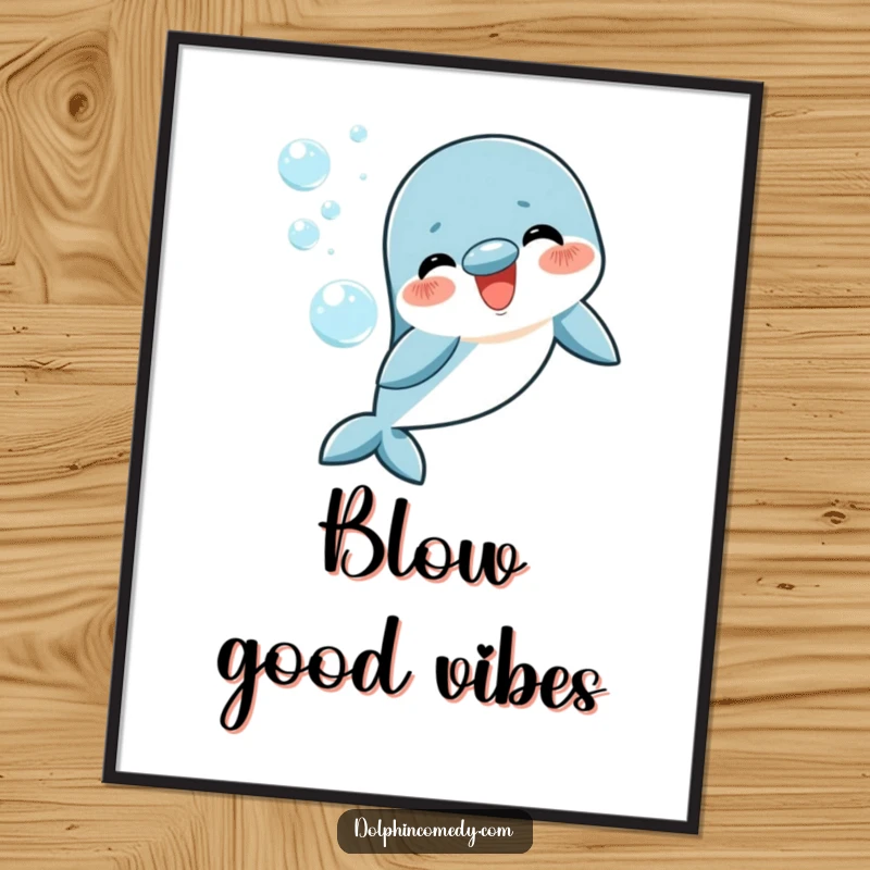 Funny happy dolphin poster, blowing intricate bubble rings, cheerful ocean art, perfect for adding instant joy.