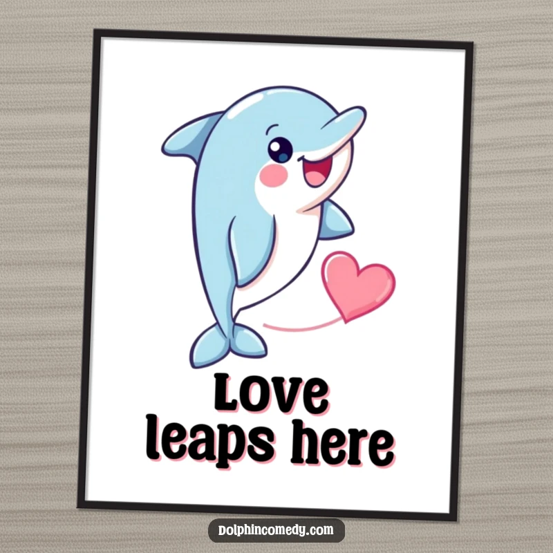 Funny cheerful dolphin with a heart shape trailing behind it, presented as a romantic art poster for wall decor.