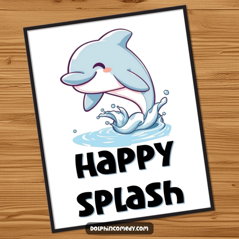 Funny Dolphin Poster capturing a smiling marine creature leaping exuberantly from the water, embodying oceanic happiness.
