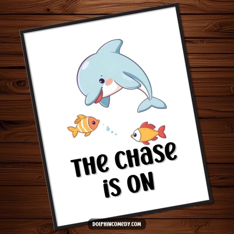 Funny Dolphin Poster print of a dolphin playfully chasing a small fish, a dynamic and humorous wall decoration.