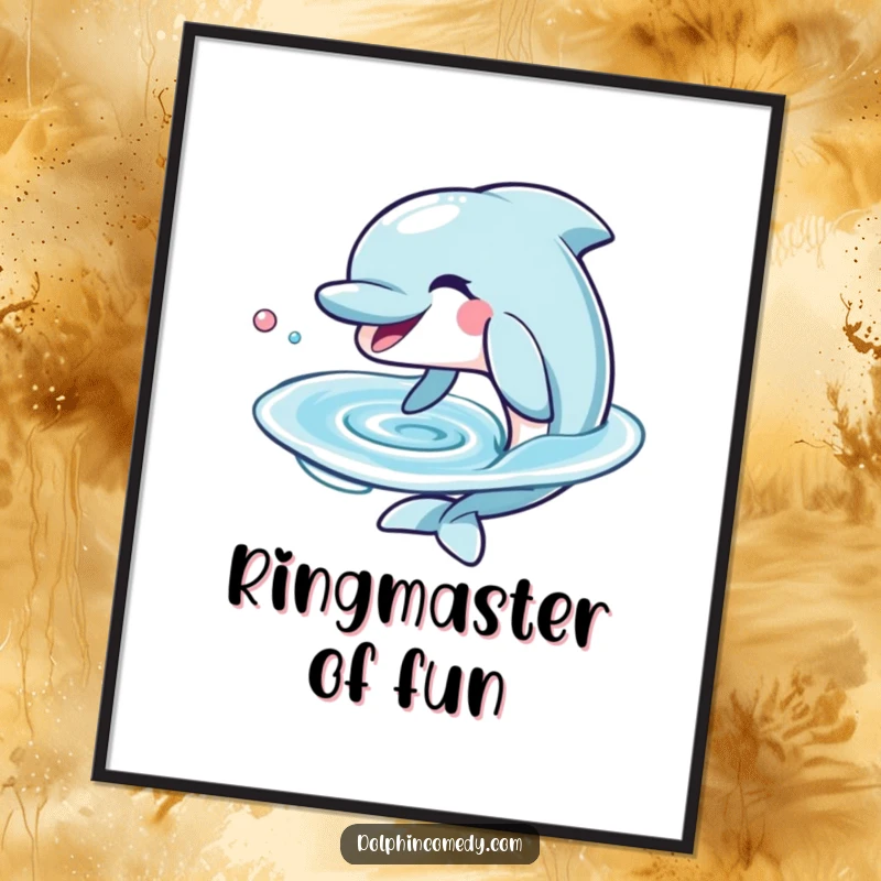 Funny Dolphin Poster featuring a grinning dolphin blowing a perfect water ring, adding a humorous splash to any wall.