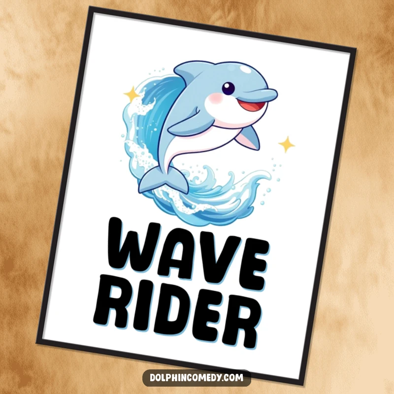 Funny Dolphin Poster: A joyful cartoon dolphin gracefully leaping through a sparkling ocean wave, creating a dynamic marine scene.