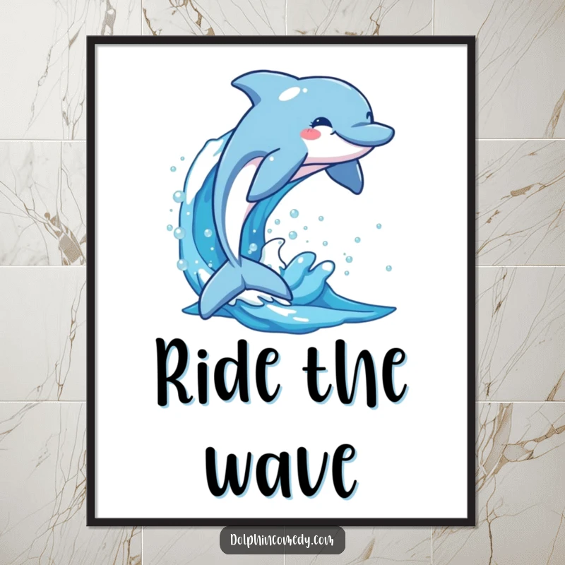 Funny dolphin soaring high from a glistening blue wave, a vibrant and humorous poster for lively home decoration.