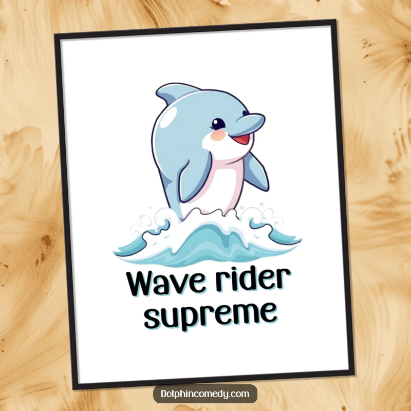 Funny poster of a dolphin with an ecstatic expression, breaching high out of the water with splashes, symbolizing pure joy and freedom.