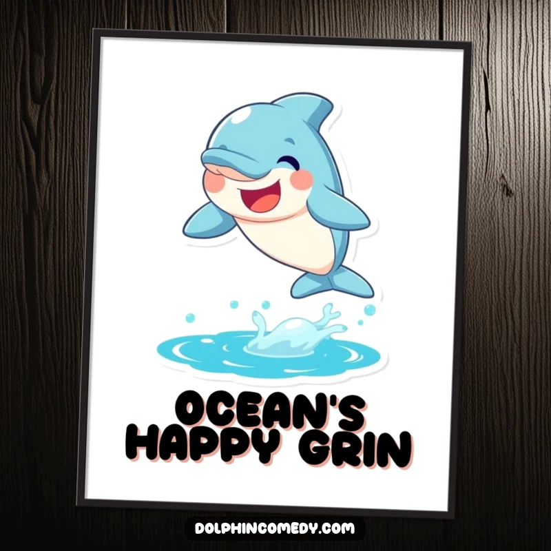Funny Dolphin Poster depicting a joyful dolphin leaping from water with a big smile, radiating happiness.