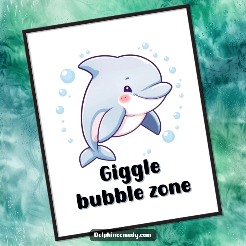 Funny decorative poster showing a dolphin with a mischievous grin swimming in a bubbly circle, bringing playful vibes indoors.