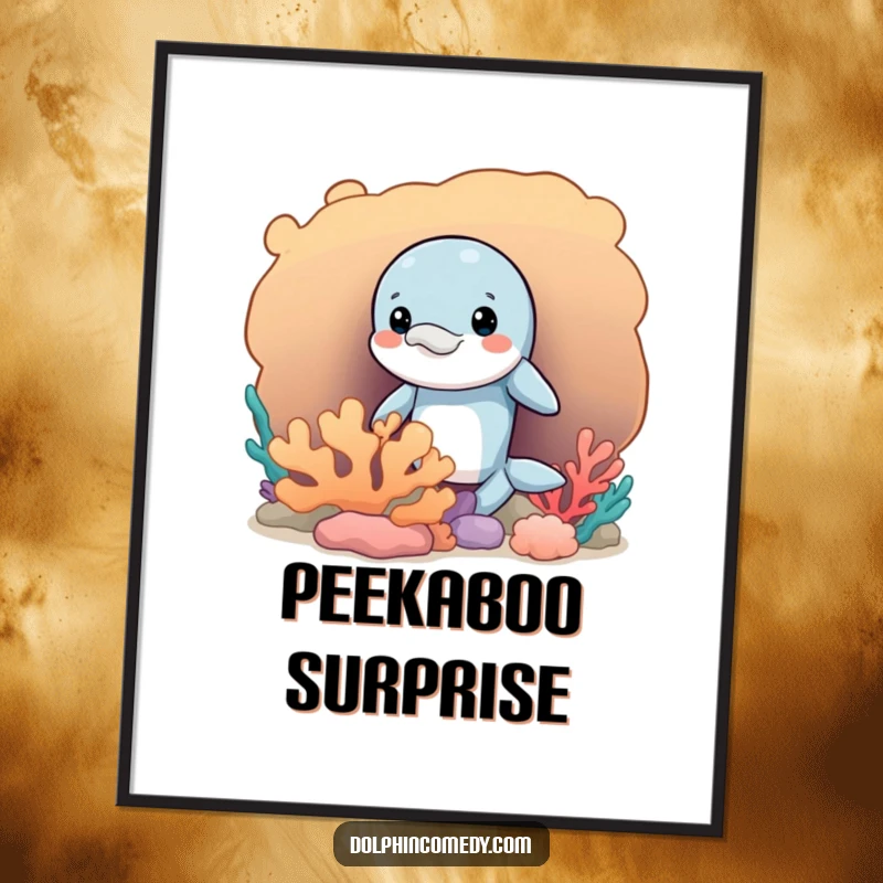 Funny poster of a mischievous dolphin peeking from behind a coral reef, creating a sense of playful mystery and humor.