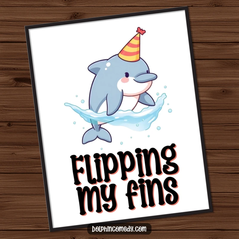 Funny colorful poster of a dolphin in a party hat actively splashing water, ideal for party rooms.