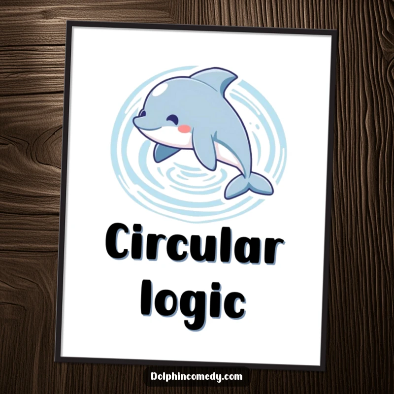Funny playful dolphin poster capturing a dolphin gracefully swimming in a circle, creating mesmerizing water ripples.