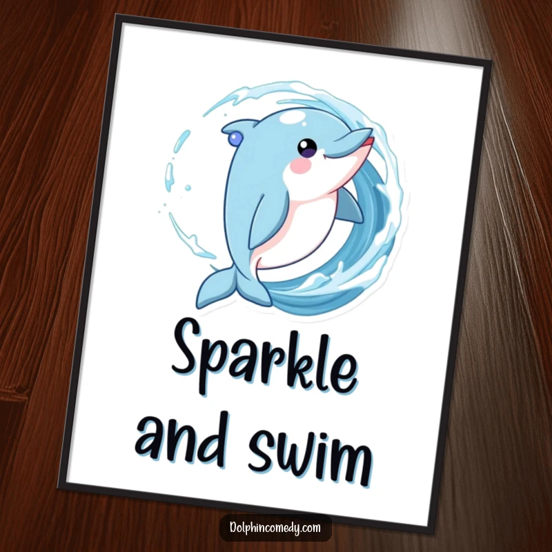 Funny Dolphin Poster depicting a playful dolphin twirling in a wave with sparkling eyes, radiating joy.