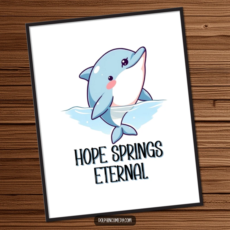 Funny poster featuring a curious dolphin looking upwards expectantly, creating an atmosphere of mystery and playful humor.