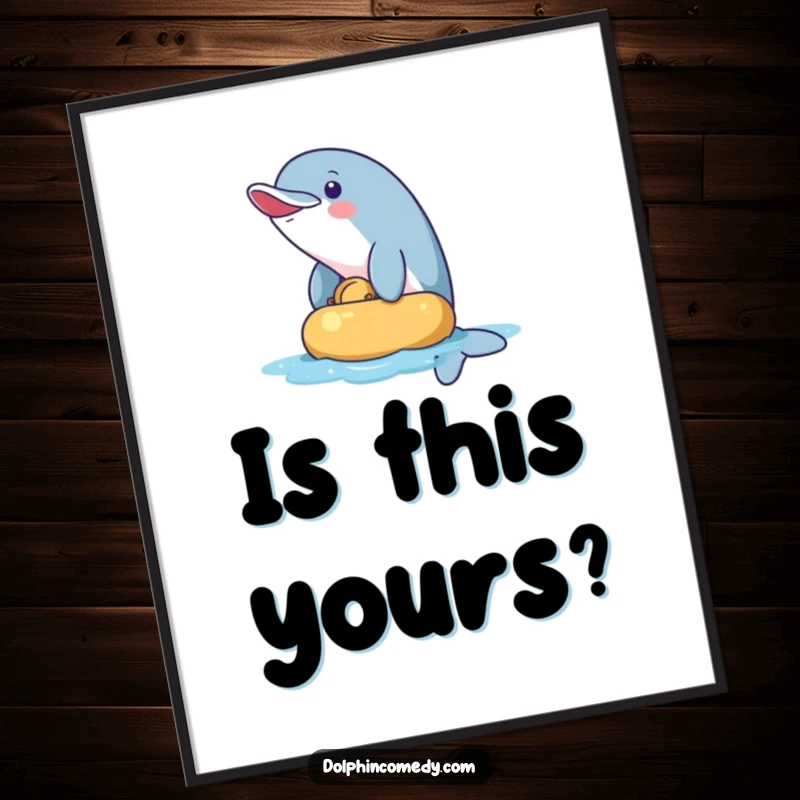 Funny Poster: A mischievous dolphin playfully nudging a floating object. Humorous ocean-themed wall art adding a playful touch.