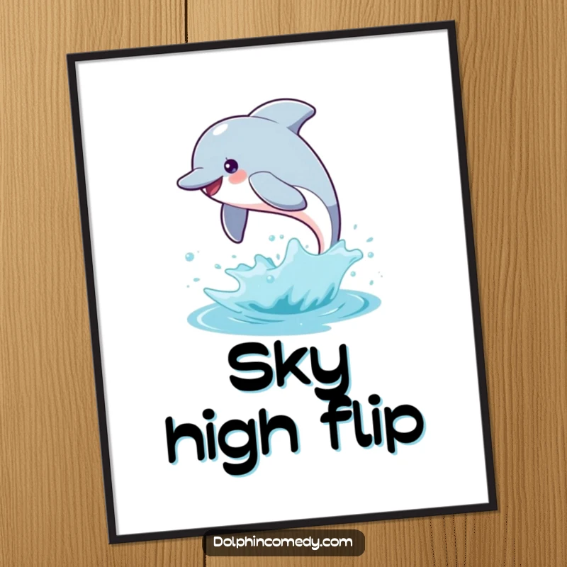 Funny dolphin poster art of a happy dolphin leaping high out of the water with a splash, capturing pure aquatic exuberance.