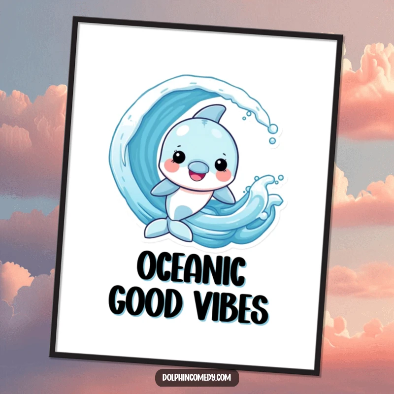 Funny Dolphin Poster illustrating a cheerful dolphin joyfully playing with a dynamic ocean wave, capturing aquatic delight.