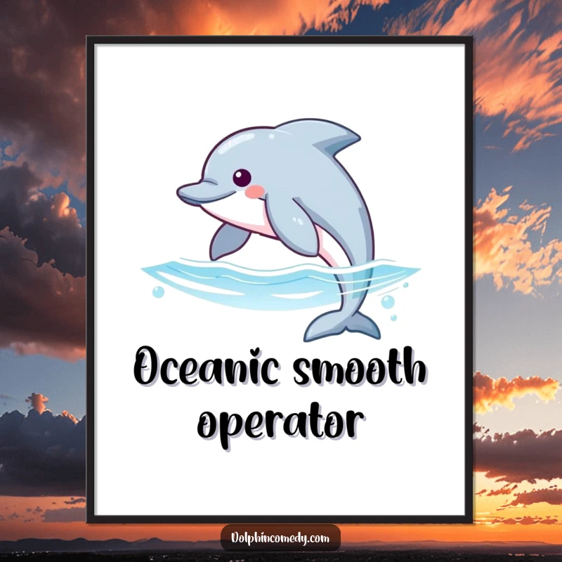 Funny poster illustrating a dolphin with streamlined fins gliding majestically through shimmering ocean water, capturing natural beauty and peace.