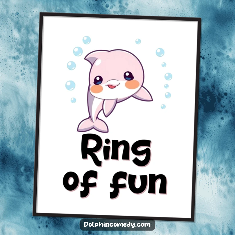 Funny dolphin blowing a flawless ring of bubbles underwater, a vibrant and humorous poster for playful home decoration.