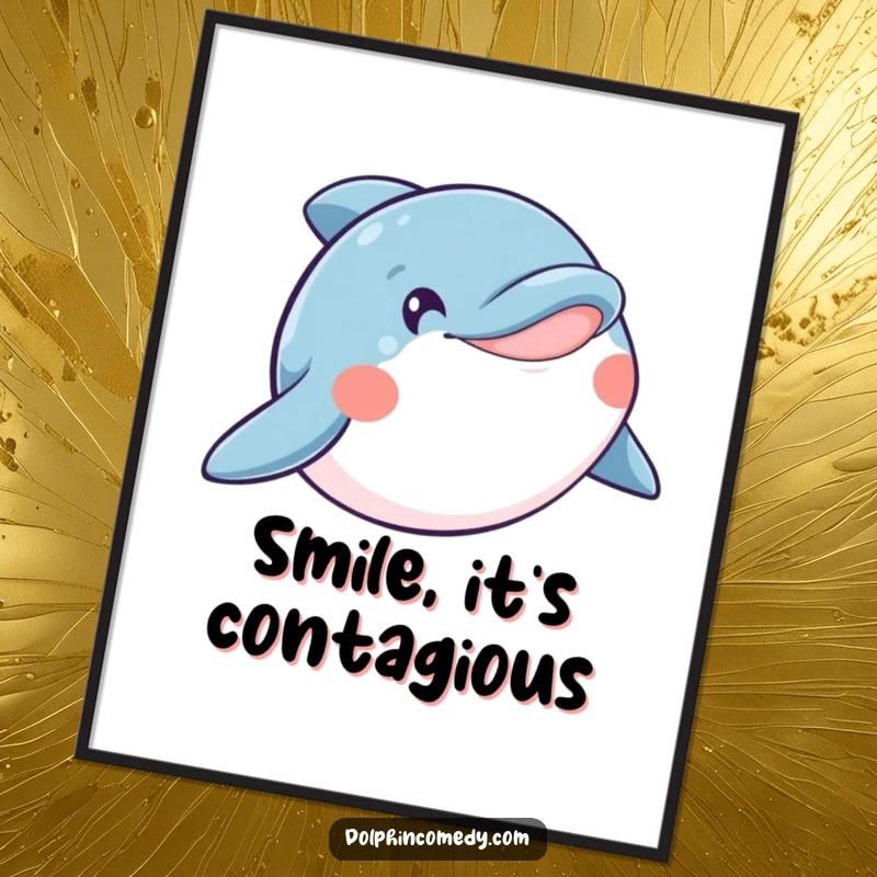 Funny poster of a joyful dolphin with an enormous smile, mouth wide open, spreading happiness and oceanic cheer.