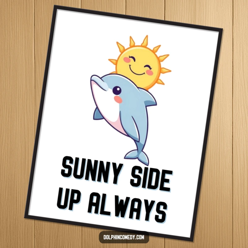 Funny poster print of a curious dolphin looking up towards a stylized, smiling sun, bringing vibrant energy to walls.