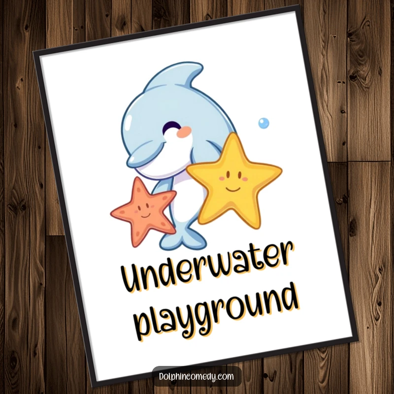 A joyful cartoon dolphin playing with a vividly colored starfish, creating a delightful ocean scene poster.