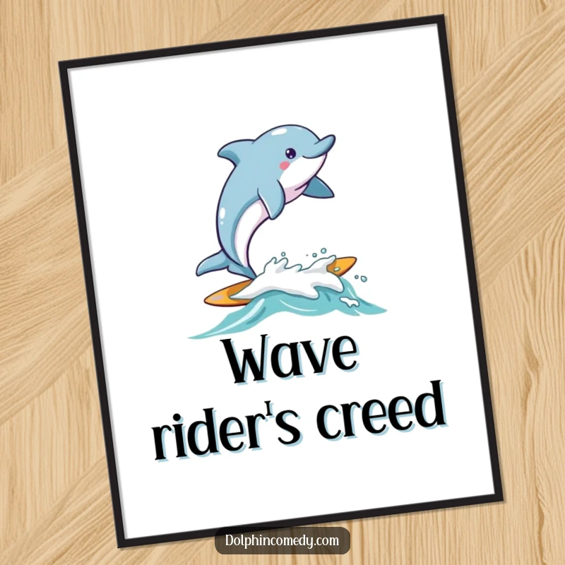 Funny Dolphin Poster showing a dolphin joyfully surfing on a small, friendly wave, perfect for beach-themed humor.