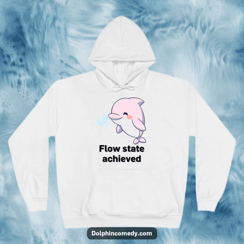 Funny cozy hoodie featuring a cheerful dolphin creating a big water bubble, ideal for casual wear.
