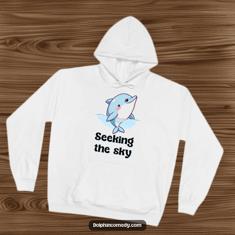 Funny, warm hoodie with a curious dolphin peeking its head out, inviting exploration and offering comfortable, humorous style.