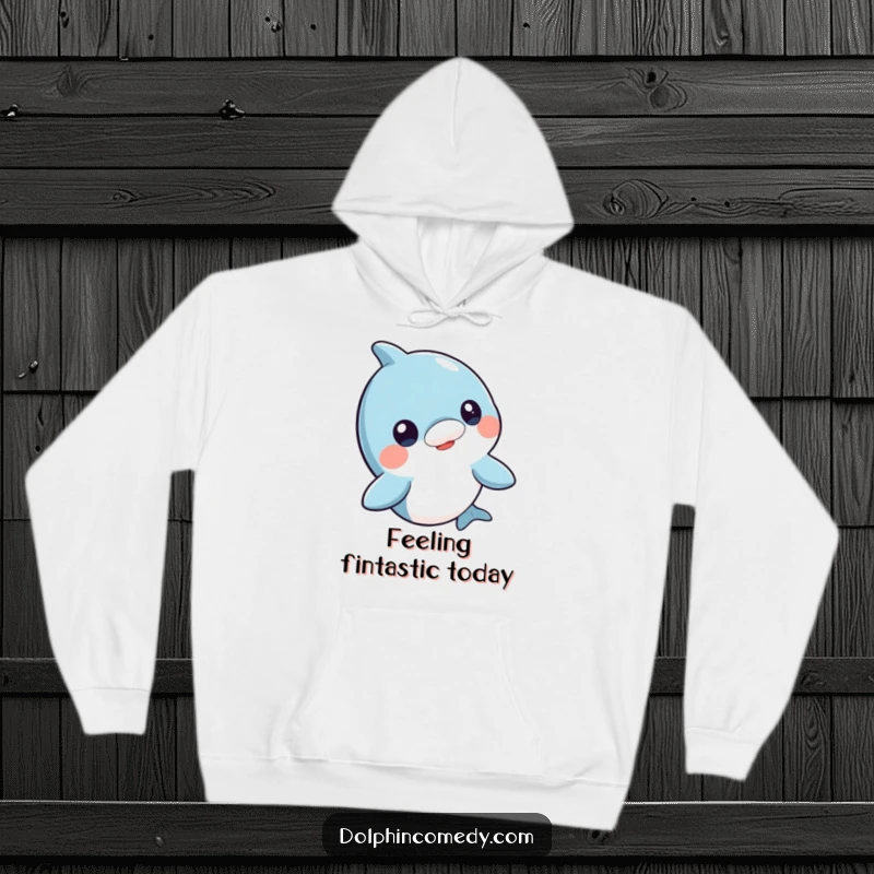 Funny curious dolphin hoodie, head bobbing invitingly, cozy ocean-themed wear, perfect humorous present for sea creature fans.