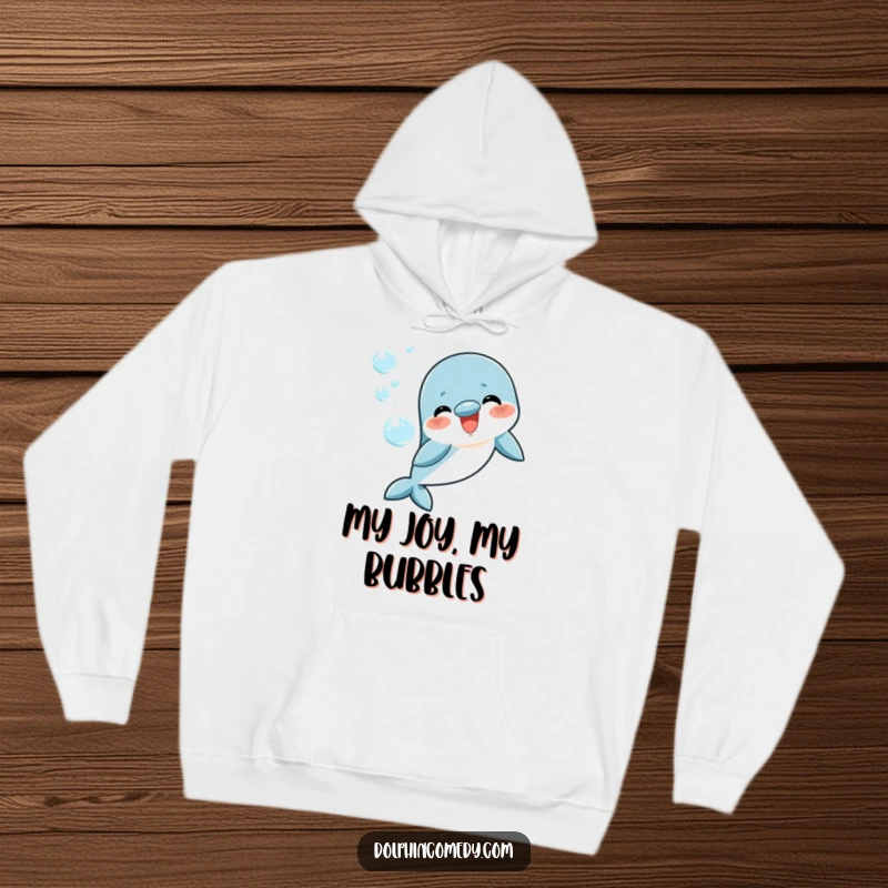 Funny happy dolphin hoodie, blowing playful bubble rings, cozy and cheerful, perfect humorous gift for all ages.